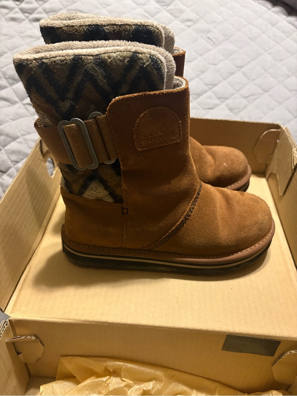 Sorel Brown Suede Winter Boots with Patterned Cuff